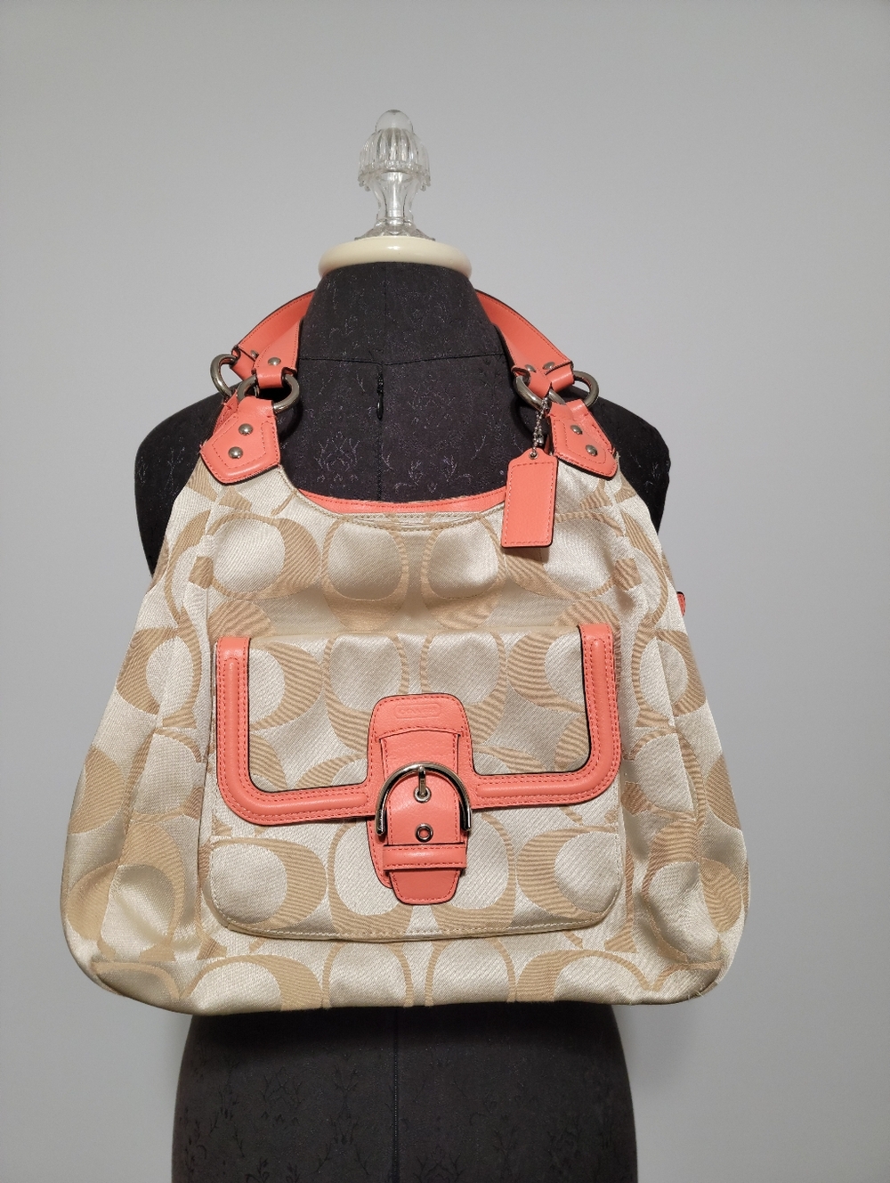 Coach Campbell Signature C Khaki Coral Hobo Shoulder Bag